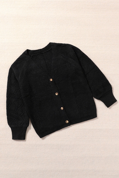 Bishop Sleeve V-Neck Drop Shoulder Button Front Knit Cardigan Sweater